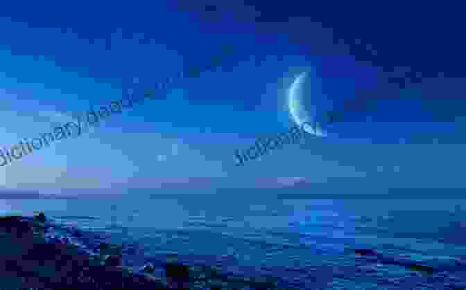 A Digital Painting Of A Calm Ocean At Night, With Stars And A Crescent Moon In The Sky. Notebook : Night Time Ocean View